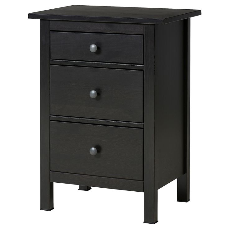 a black night stand with three drawers on one side and an open drawer on the other