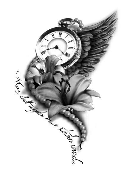 an image of a clock with wings and flowers on the back of it, which reads save to diseno tats from tattoo - studio - dams