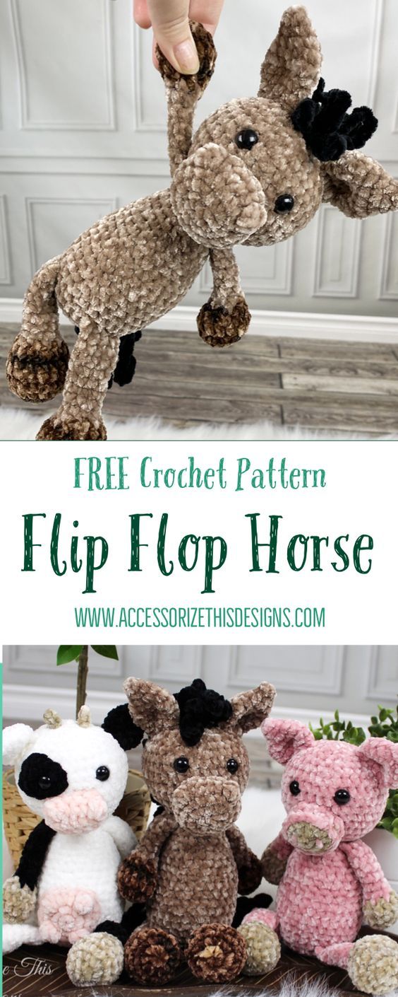 the crochet pattern for a stuffed animal horse is shown in three different colors