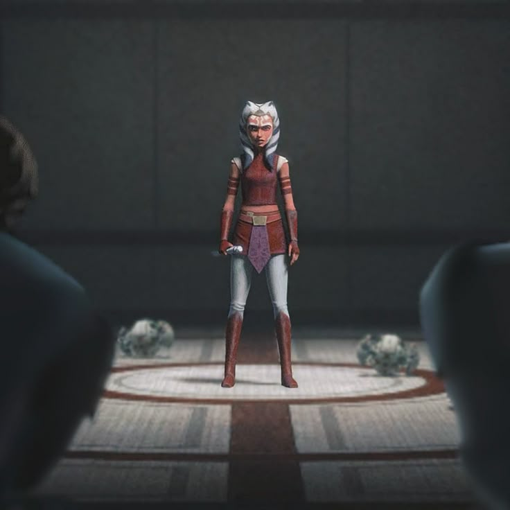 an animated woman standing in front of two men