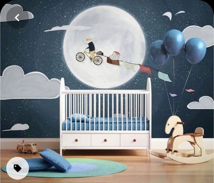 a child's room with a crib, rocking horse and balloon wallpaper