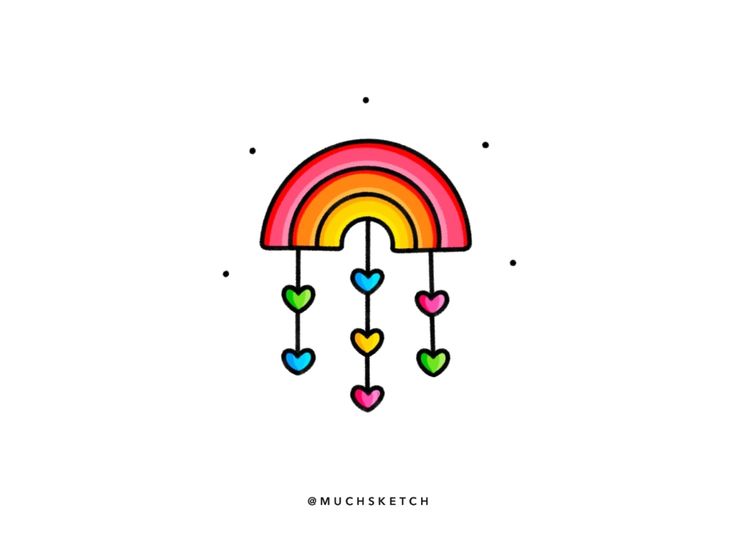 a drawing of a rainbow with hearts hanging from it