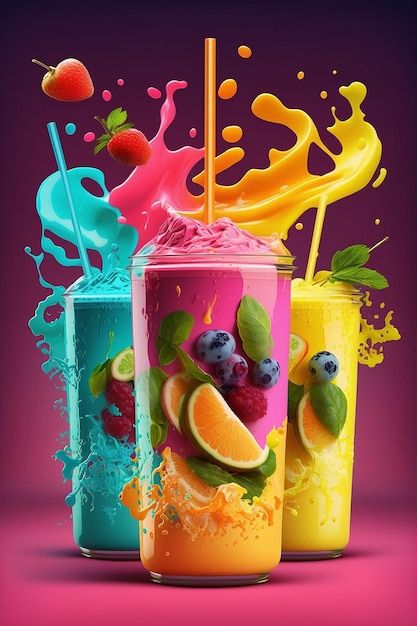 three colorful smoothies with fruit and juice splashing on them