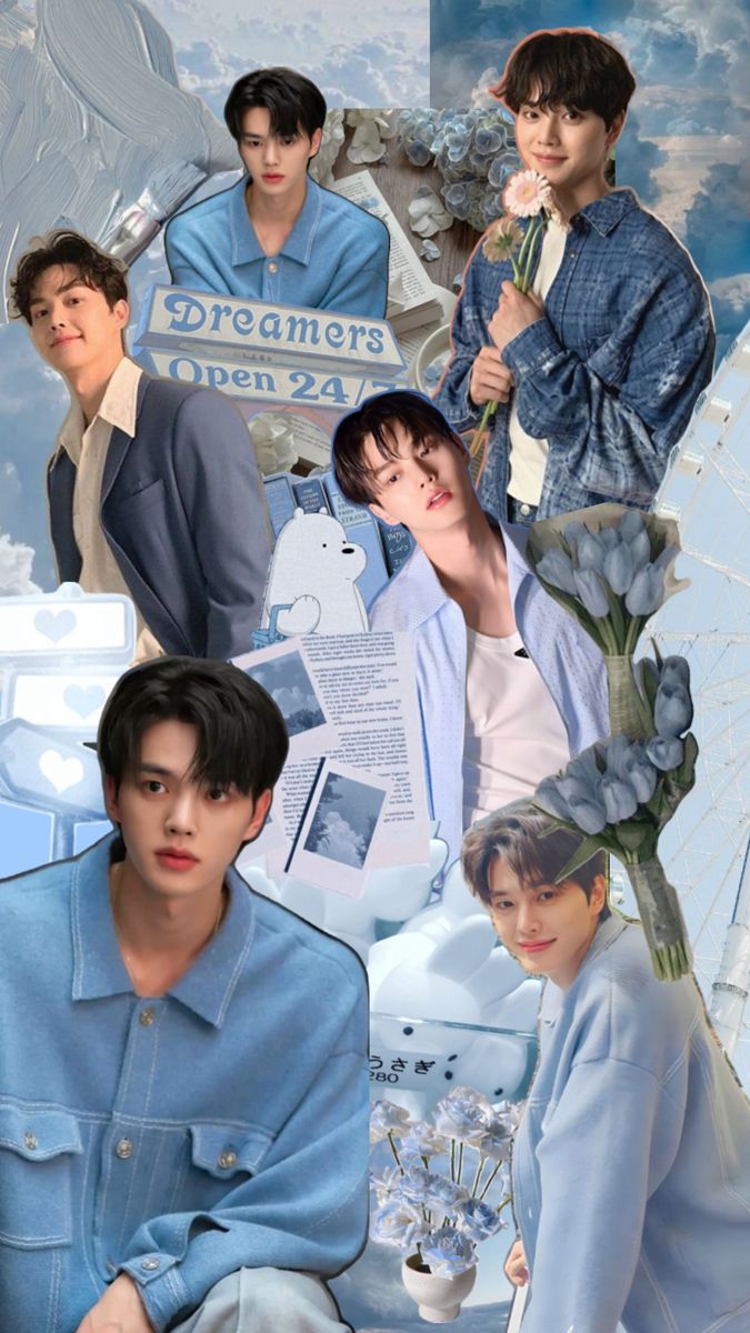 the collage has many images of young men in blue outfits and one is holding an umbrella