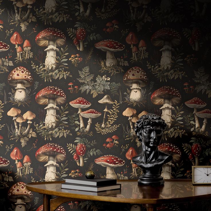 a wallpapered room with various mushrooms and plants on the wall, along with a busturine