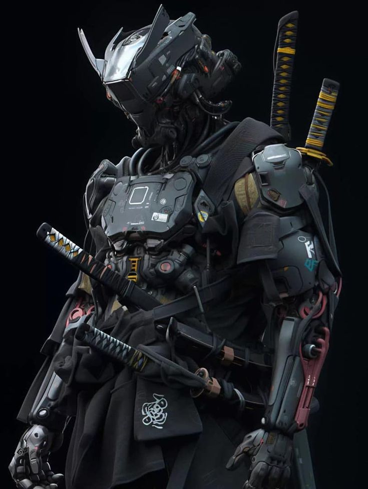 a sci - fi character is dressed in armor and holding two swords, standing against a black background