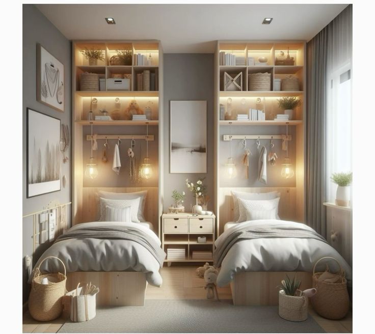 two beds in a small room with lights on the headboard and shelves above them