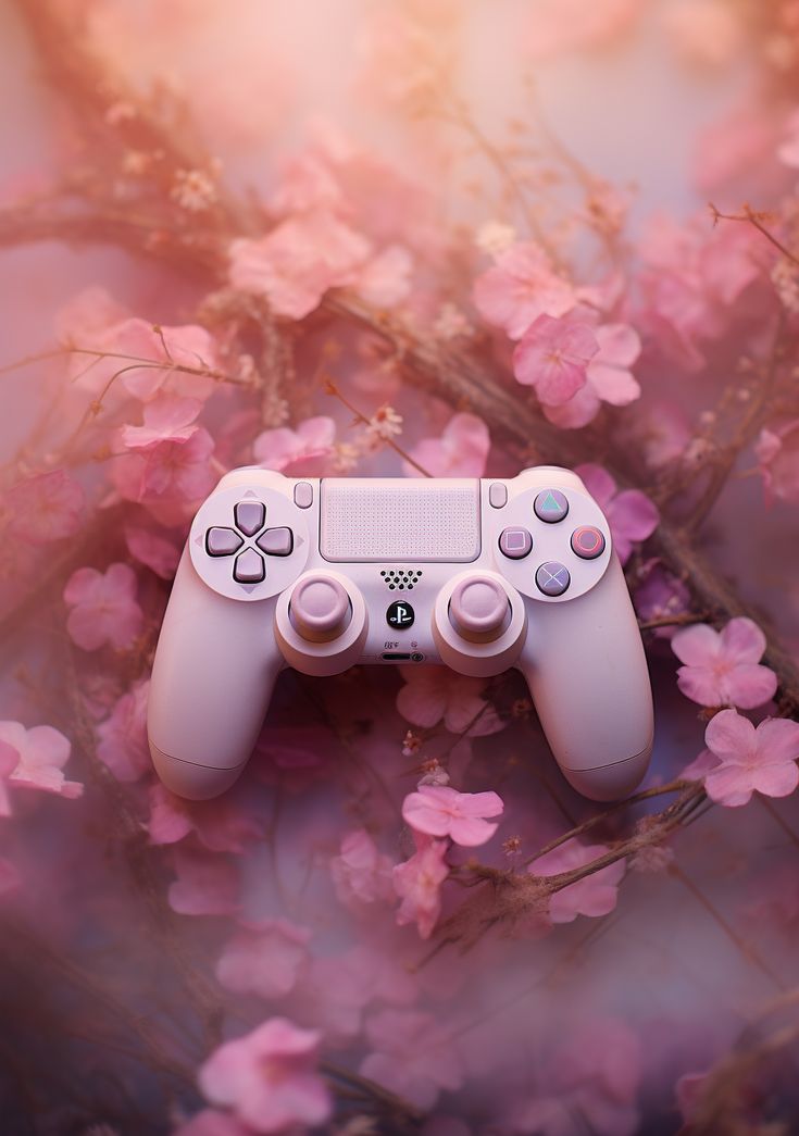 a video game controller sitting in front of some pink flowers