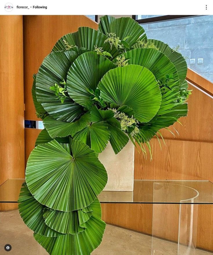 a vase filled with lots of green leaves on top of a glass table next to a wooden wall