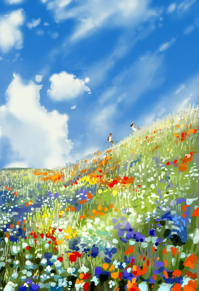 a field full of colorful flowers under a blue sky