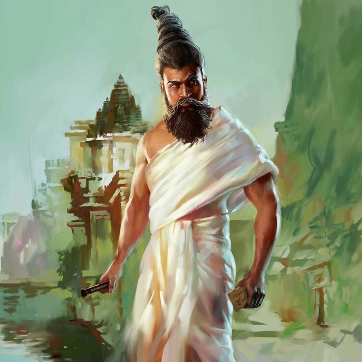 an oil painting of a man with a beard and long hair wearing a white sari