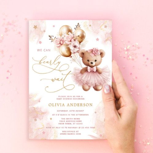 We Can Bearly Wait Pink Teddy Bear Baby Shower Invitation | Zazzle Lavender Baby Shower Theme, Lavender Baby Showers, Whimsical Baby Shower, Blush Pink Baby Shower, Teddy Bear Baby Shower Invitations, Bear Invitations, We Can Bearly Wait, Teddy Bear Girl