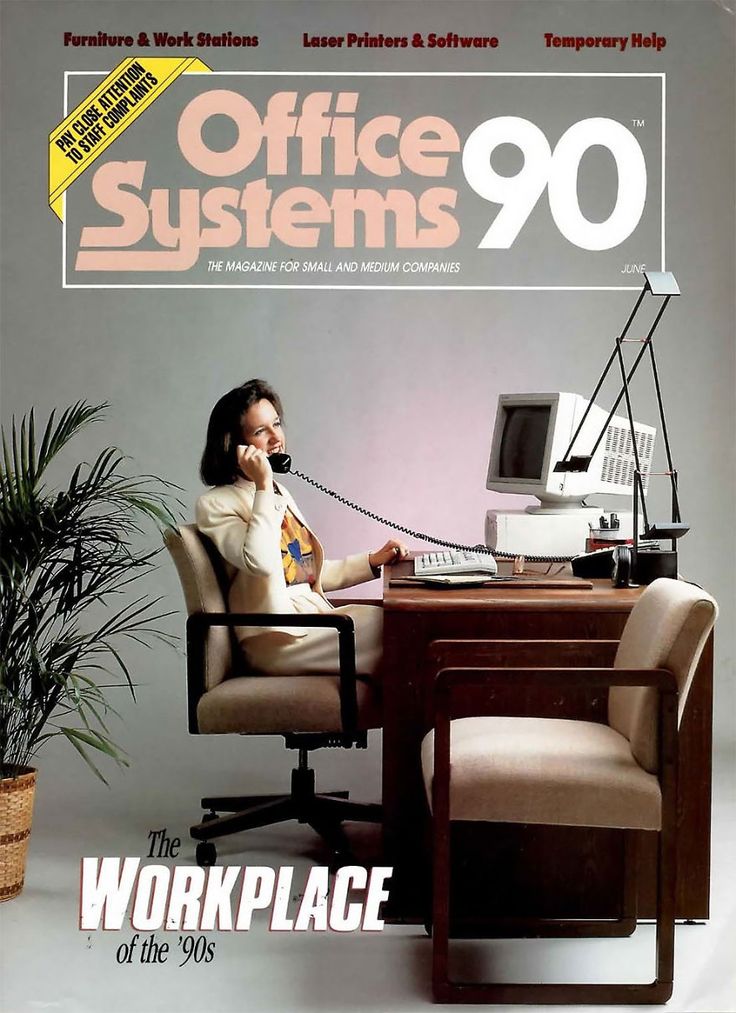 a woman sitting at a desk on the cover of office systems 90, with a telephone to her ear