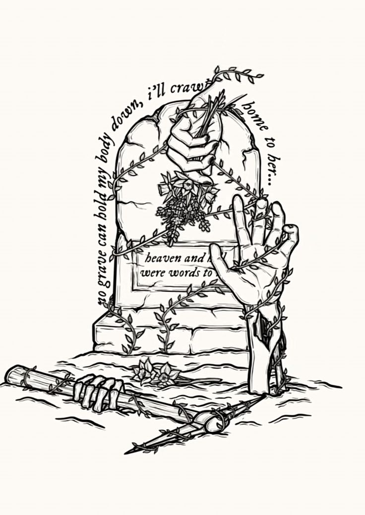 an ink drawing of a hand reaching for a grave