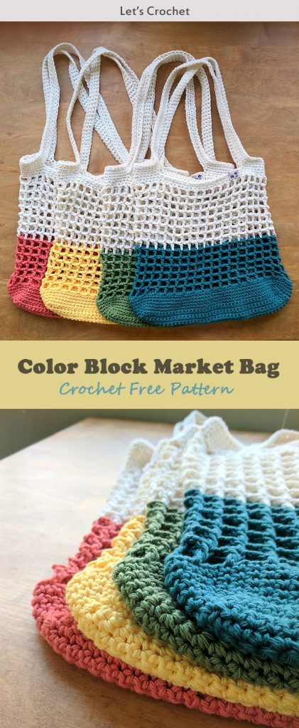 crochet market bag with the text color block market bag free crochet pattern