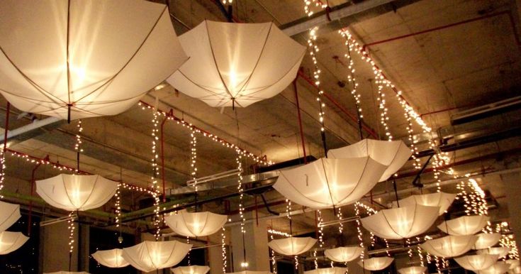 many white paper umbrellas hanging from the ceiling