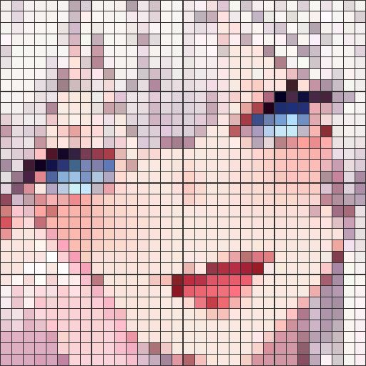 an image of a woman's face made up of squares and pixels, with blue eyes