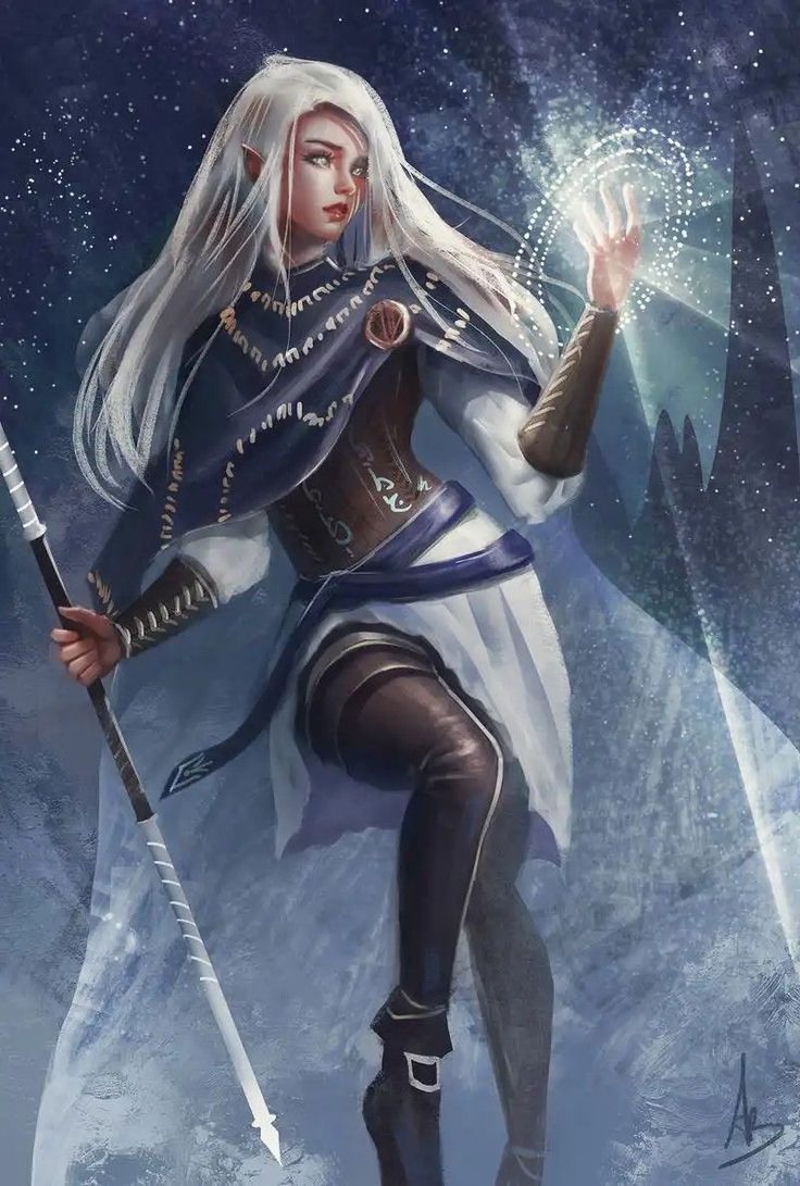 a woman with white hair is holding a wand and wearing a blue outfit while standing in the snow