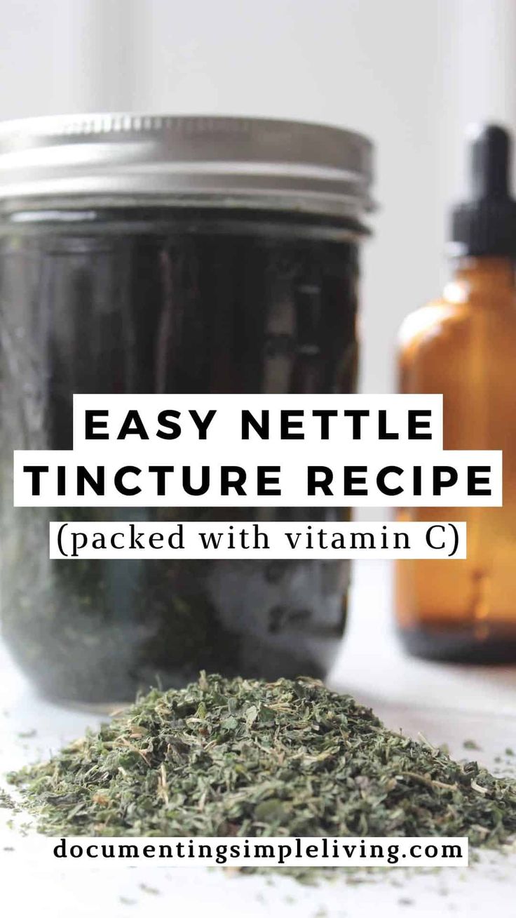 the ingredients for homemade tincture recipe in mason jars with text overlay that reads easy nettle tincture recipe packed with vitamin c