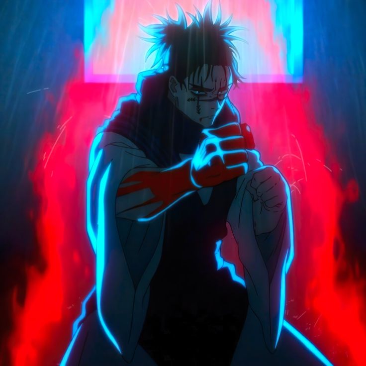 an anime character holding his fist up in front of a red and blue background with neon lights