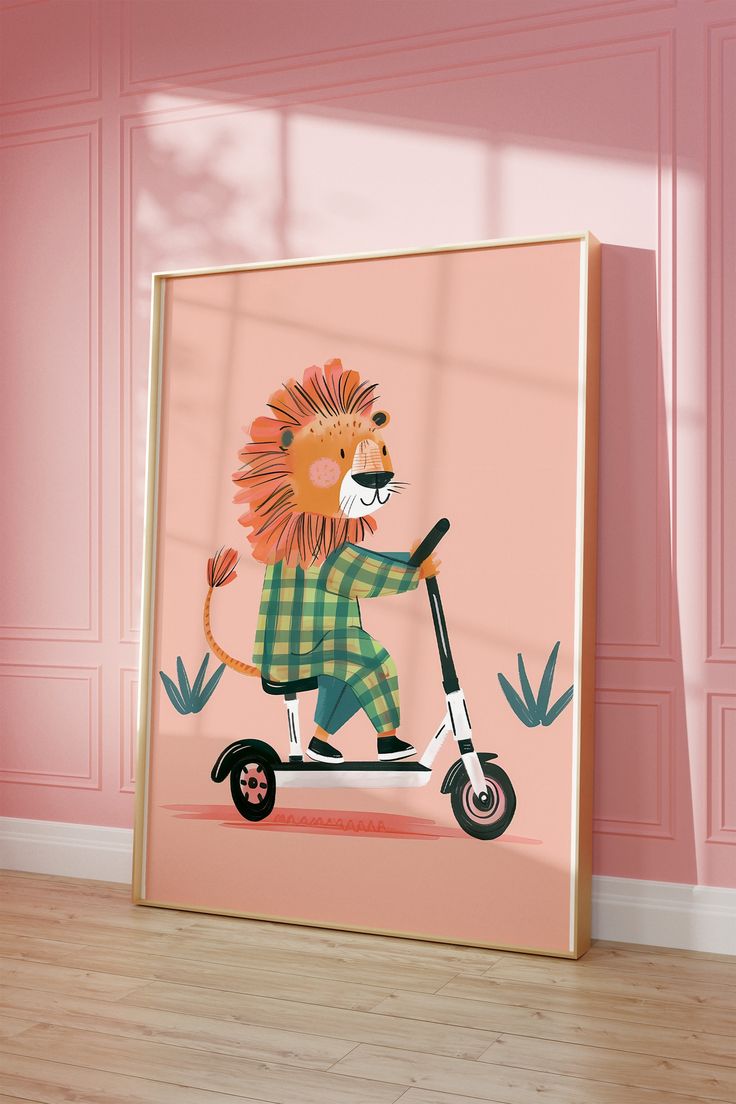 a lion is riding a scooter in a pink room