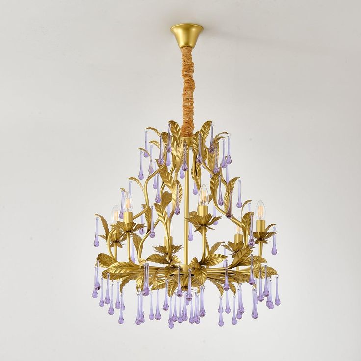 Amethyst Drops Crystal Chandelier - Vakkerlight Birdcage Chandelier, Murano Chandelier, Crystal Pendants, Iron Lamp, Gold Leaves, Aesthetic Decor, Purple Crystal, Gold Chandelier, Caramel Color