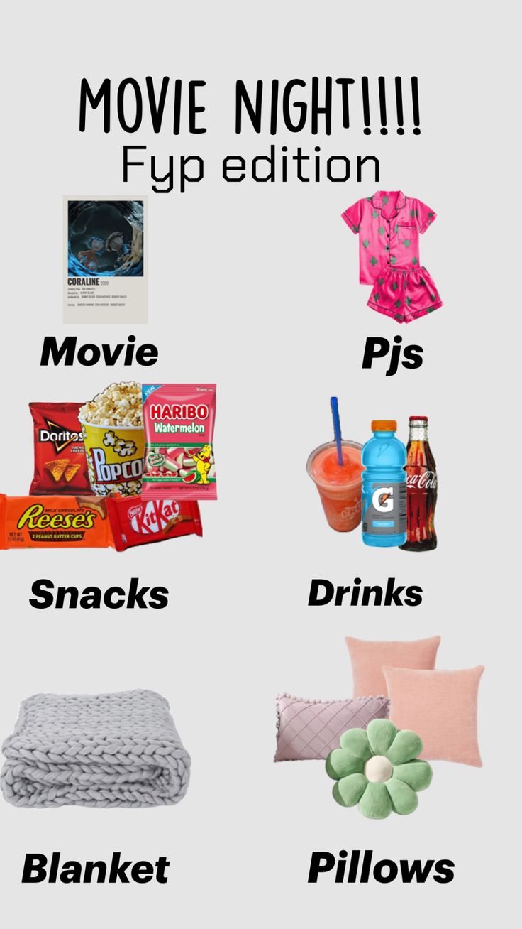 the movie night flyer is filled with snacks, drinks, and other things to eat