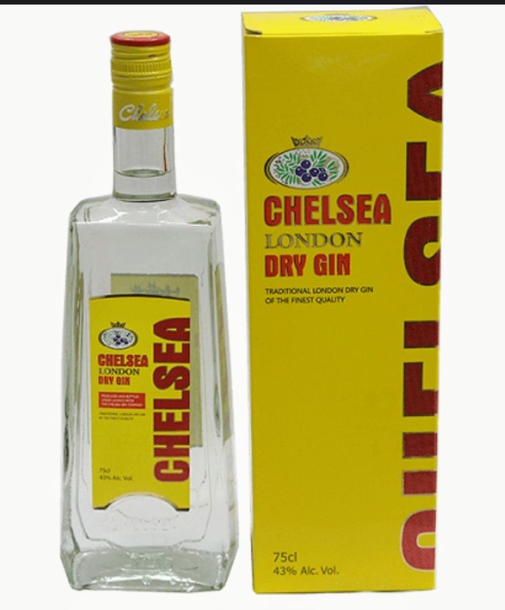 a bottle of chelsea london dry gin in front of a box and cardboard package