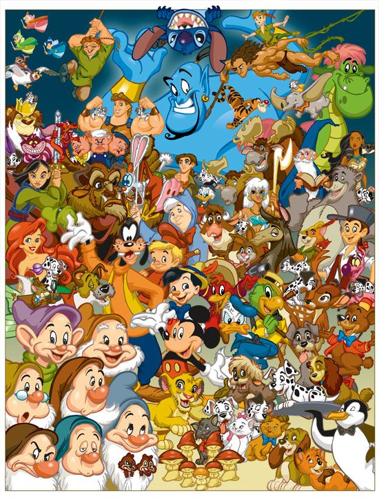 many cartoon characters are grouped together in this photo, and there is no image to describe