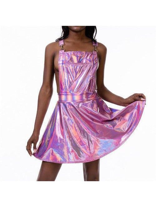 Glitter Holographic Short Dress Preppy Summer Dress, Cross Buckle, Harajuku Dress, Vinyl Dress, Dazzling Dress, Party Dress Short, Suspender Dress, Strappy Dresses, Wet Look