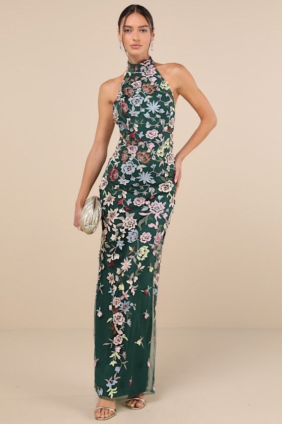 Fitted Halter Neck Floral Dress, Floral Embroidered Wedding Dress, Fitted Floral Embroidered Halter Neck Dress, Green Floral Print Halter Neck Sleeveless Dress, Floral Embroidered Halter Neck Beach Dress, Luxury Floral Print Halter Dress, High Neckline Dress, Floral Applique Dress, Green Formal Dresses