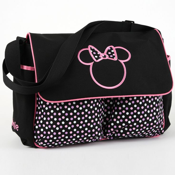 a black and pink polka dot bag with minnie mouse on it's front pocket