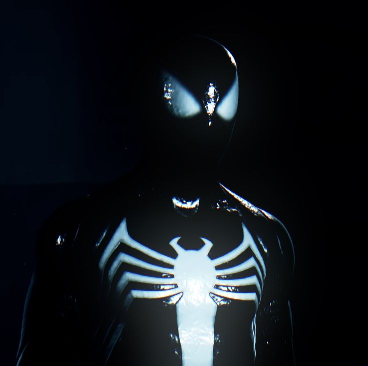 the silhouette of a man in a black suit with white spider - man on his chest