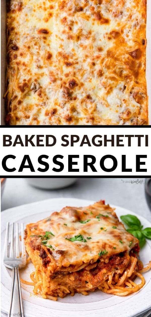 baked spaghetti casserole with cheese and spinach on the side in a white dish