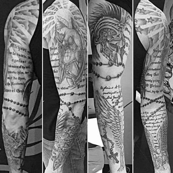 some tattoos on the arm and leg of a man with an angel, cross, and rosary