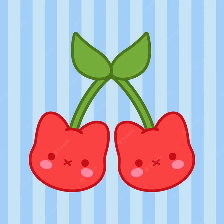 two red cherries with green leaves on the top, and one has pink cheeks