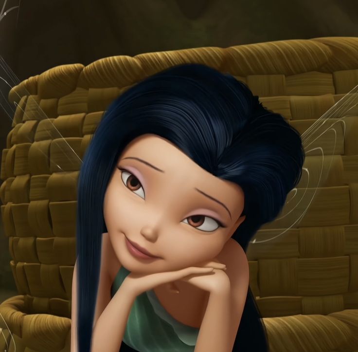 a cartoon character sitting on a chair with her hand under her chin