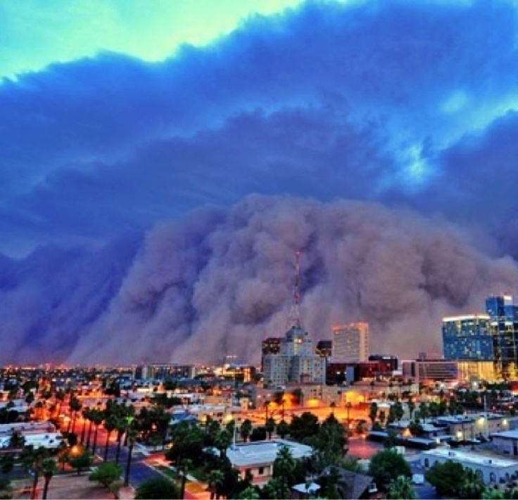 a large dust cloud looms in the sky over a city at night with palm trees and buildings