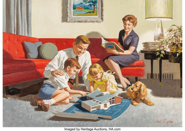 an image of a family playing in the living room with their dog and house model