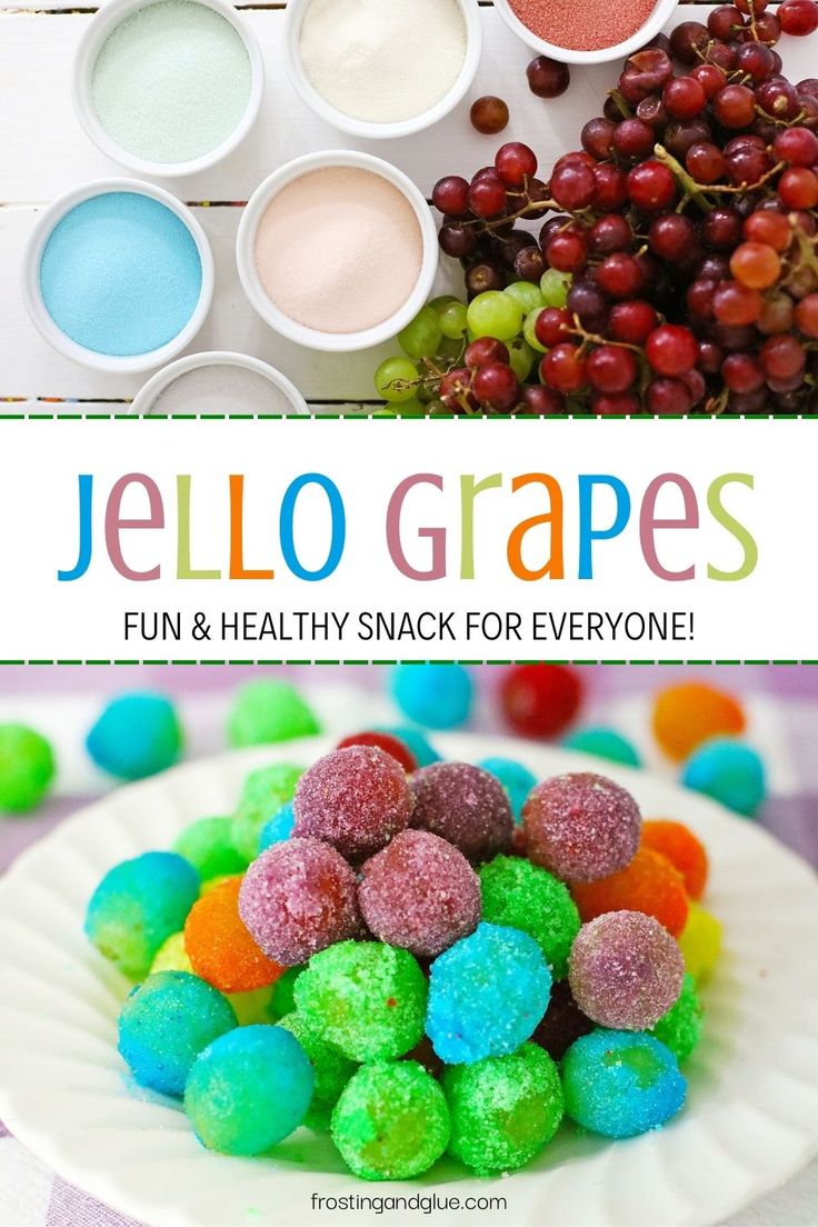 colorful jello grapes are on a white plate next to bowls of fruit and powdered sugar