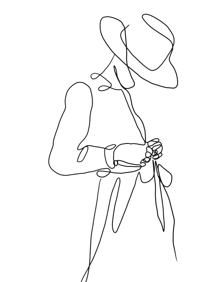 a continuous drawing of a person with a hat on their head and holding a string