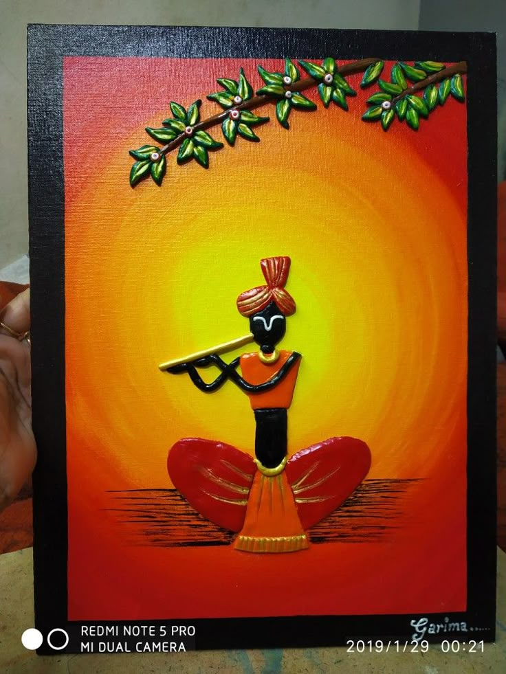 a handmade greeting card with a woman carrying a tray on her shoulder in front of an orange and yellow background