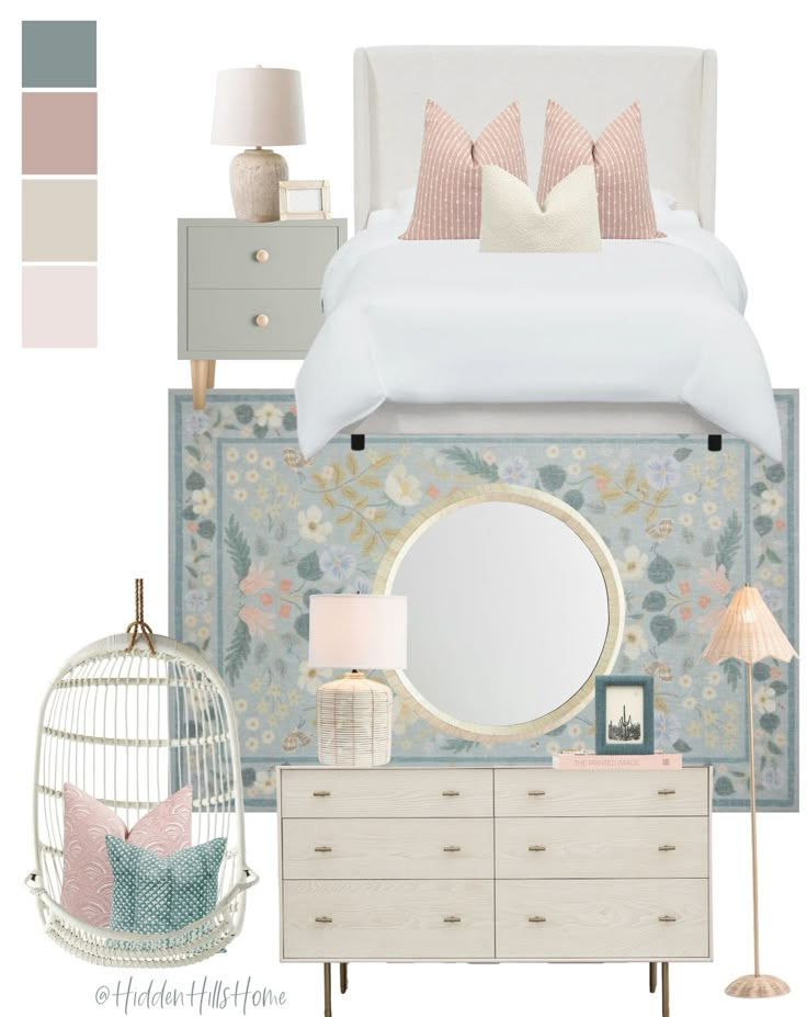 a bedroom with pink and blue accents, white bedding, gray dressers and lamps