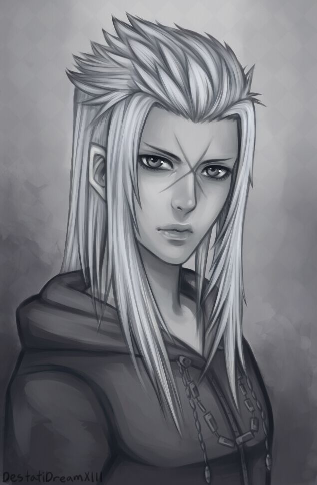 a drawing of a man with long blonde hair and piercings on his ears, wearing a