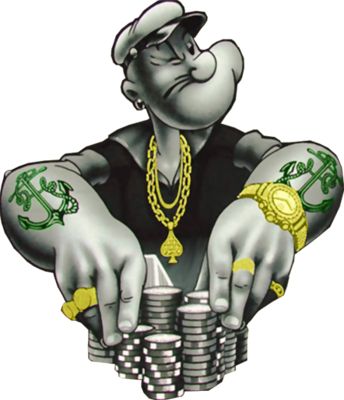 a drawing of a man holding stacks of coins with money in his hands and tattoos on his arms