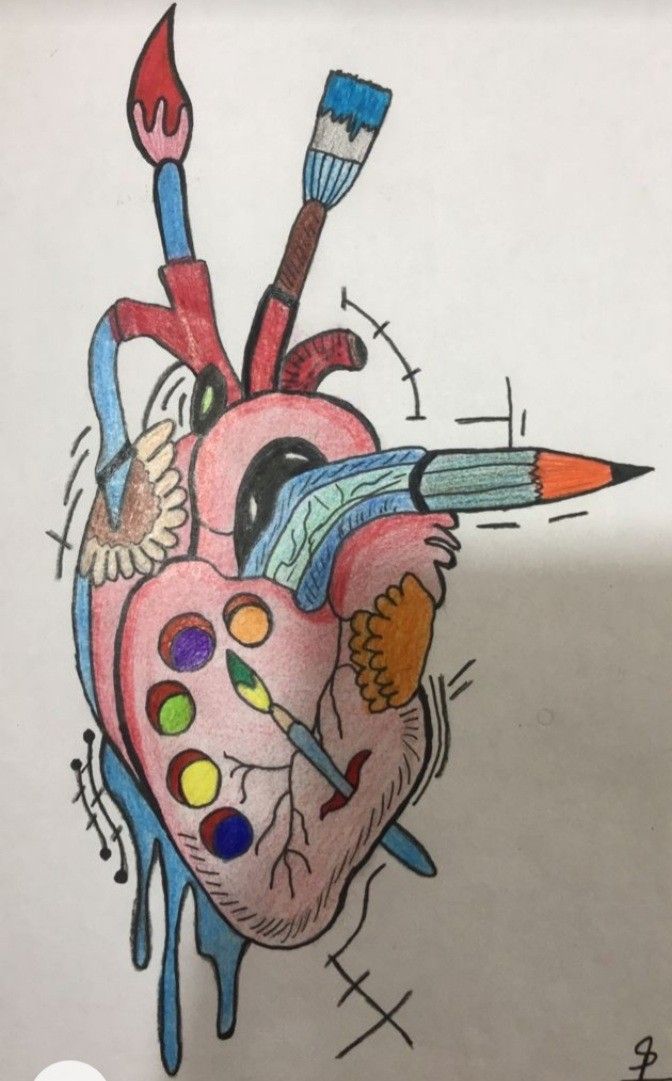 a drawing of a heart with paintbrushes and an artist's palette on it