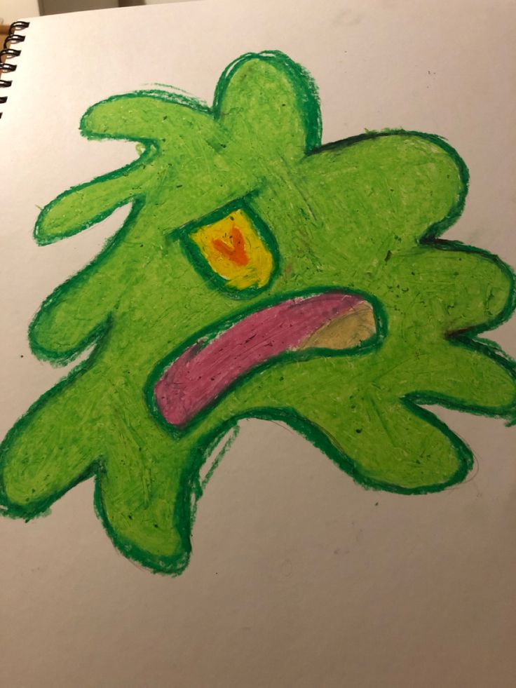 a drawing of a green monster with an angry look on it's face and mouth