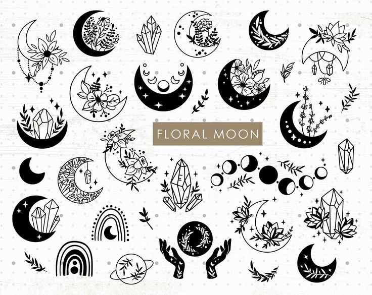 the moon and stars are drawn in black ink on white paper, with an inscription floral moon