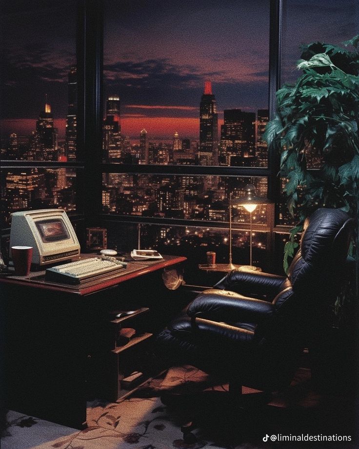 an office with a view of the city at night