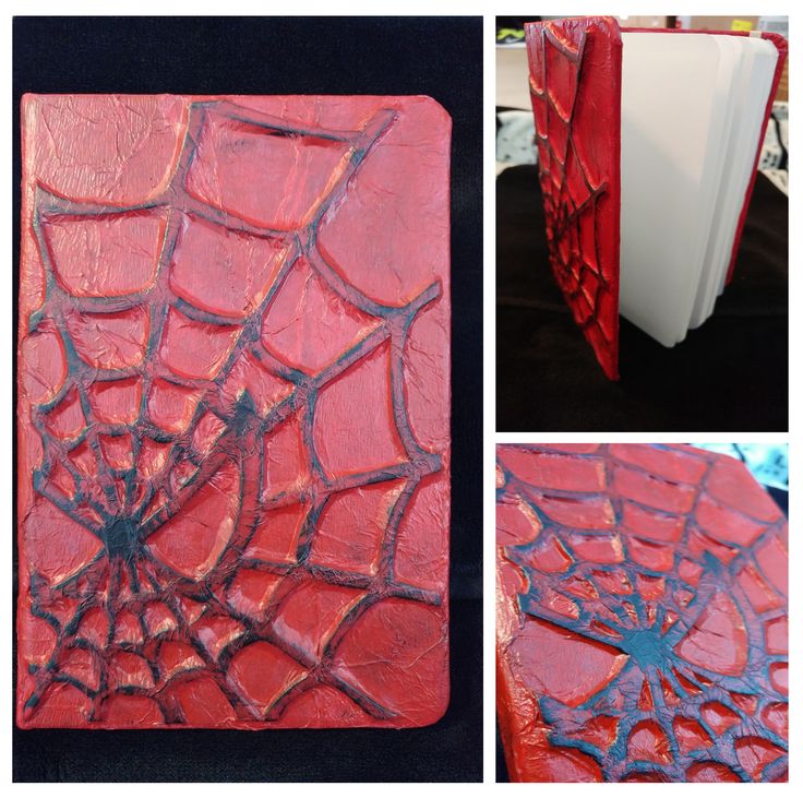 three different pictures of red and black spider webs on a white book cover, with the same image as it appears to have been made out of paper